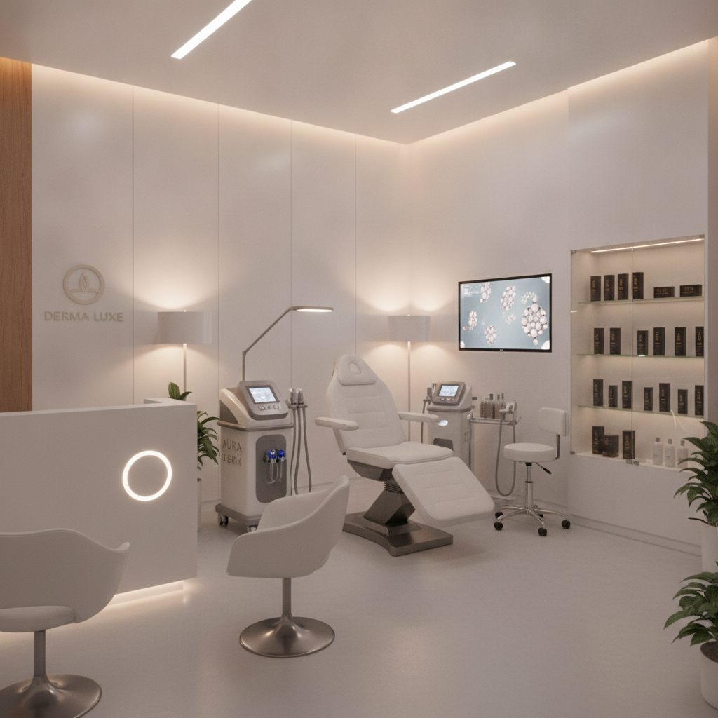 A modern dermatology clinic interior with advanced skin treatment equipment, soft lighting, clean white aesthetic, professional medical environment, high-end beauty and skincare setting