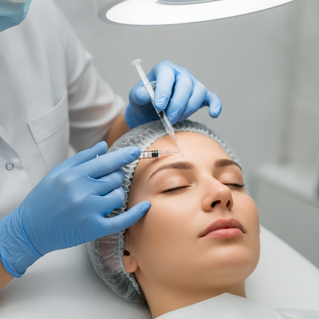 Close-up of a professional dermatologist performing a botox injection on a patient's forehead, medical gloves, sterile environment, precise needle technique, soft clinical lighting