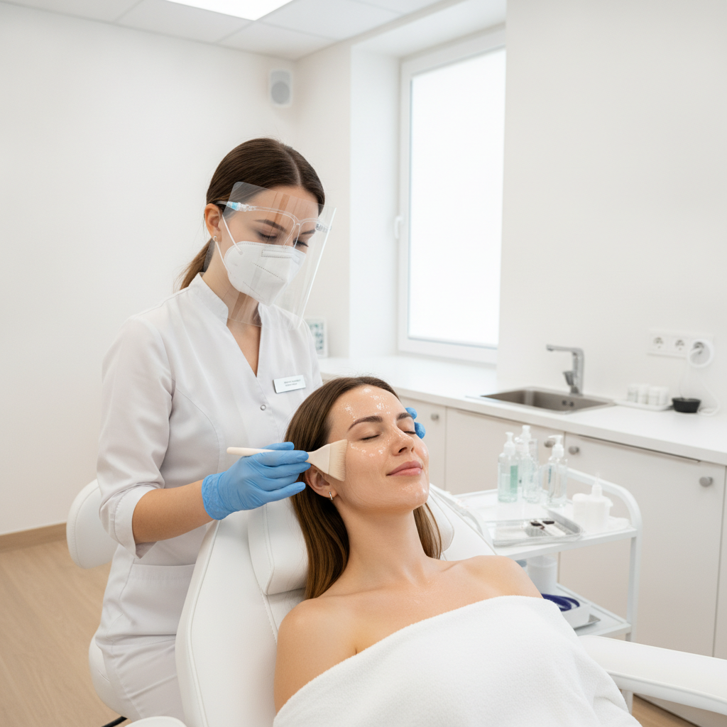 A woman receiving a professional chemical peel facial treatment at a beauty clinic, relaxed expression, glowing skin, aesthetician applying treatment, bright medical spa environment
