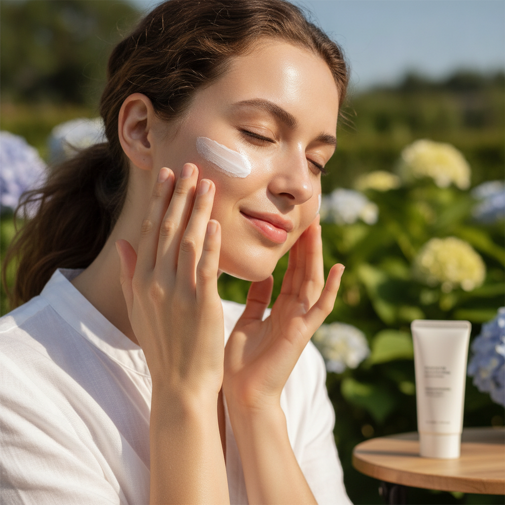 Young woman applying sunscreen on her face outdoors, post-skin treatment skincare routine, bright sunny day, healthy glowing skin, protective skincare concept
