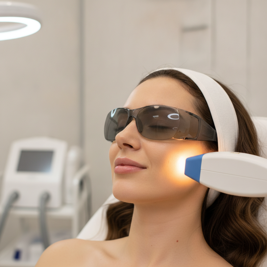 a close-up shot of a woman's face undergoing a laser skin treatment, with a gentle glow on her cheek, in a modern dermatology clinic