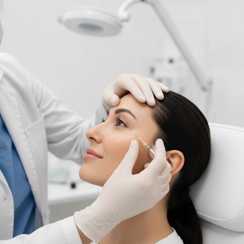 a side profile of a woman receiving a small injection on her cheek, with a dermatologist's hand gently holding her face, in a clean medical setting