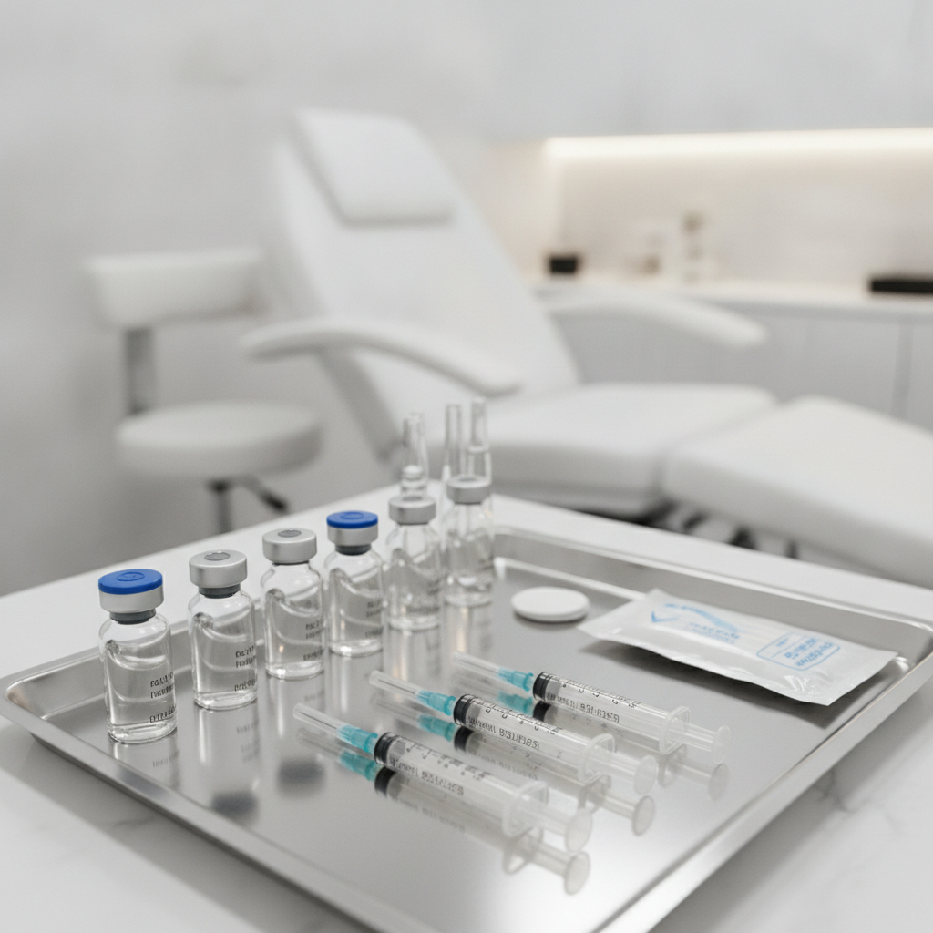 a close-up of various small vials and syringes on a sterile tray, ready for a skin booster treatment, with a blurred background of a clinic