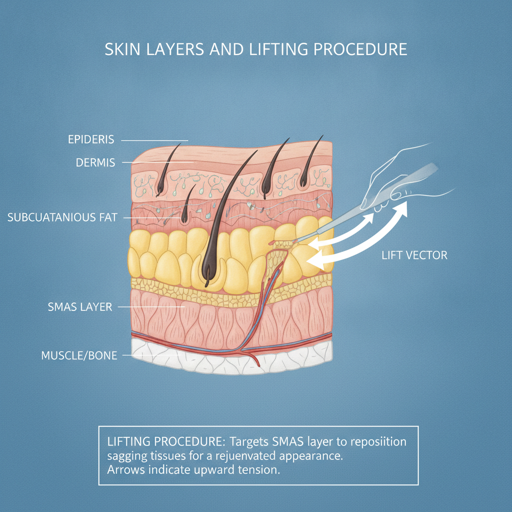a diagram illustrating the different layers of skin and how a lifting procedure might work, with arrows indicating upward pull, in a scientific illustration style