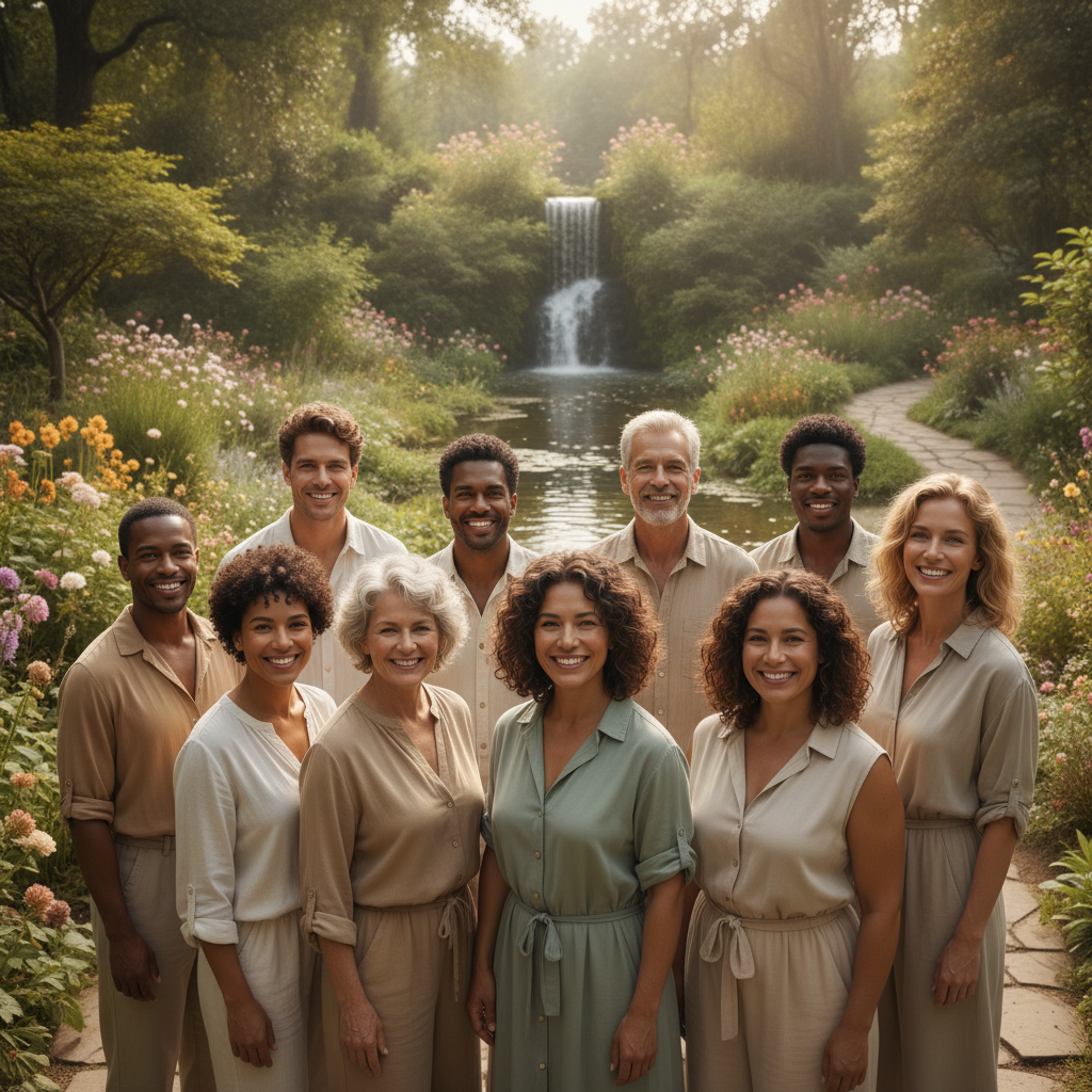 a diverse group of people with healthy, glowing skin, smiling confidently, in a bright and natural setting, conveying a sense of well-being