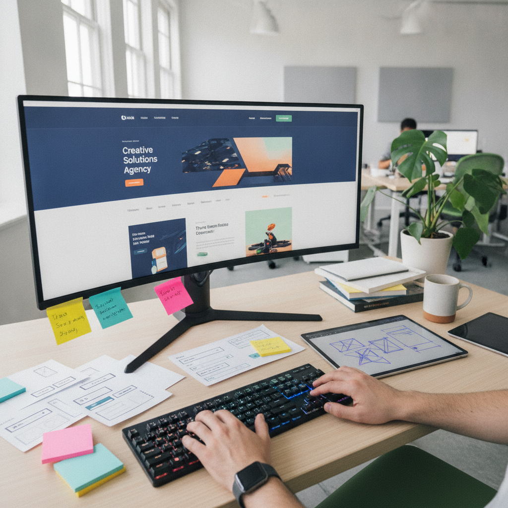 A modern web design workspace with a large monitor displaying a beautiful website layout, designer's hands on keyboard, colorful UI elements and wireframes on the desk, bright and professional office environment, high resolution photography