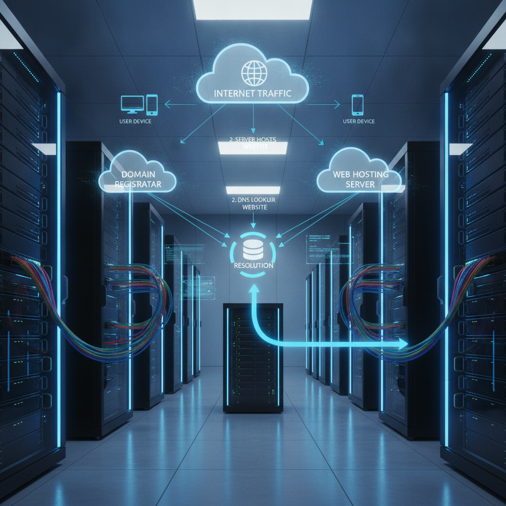 A clean diagram showing domain and web hosting connection process, server racks in a modern data center with blue LED lights, network cables, digital cloud symbols floating above, technical and futuristic atmosphere