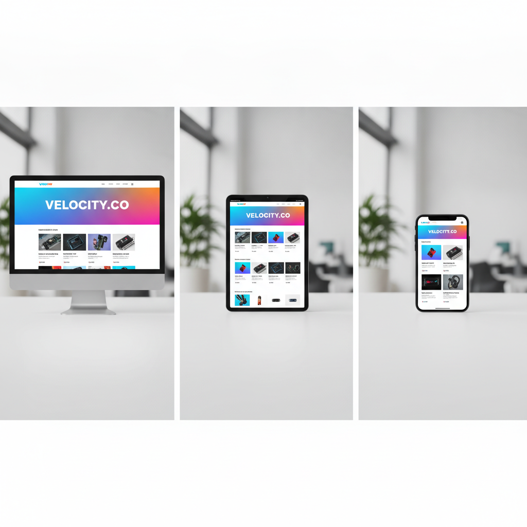 A split screen showing the same website displayed on desktop computer, tablet, and smartphone simultaneously, responsive web design concept, modern minimalist design with clean typography and vibrant colors, professional product showcase