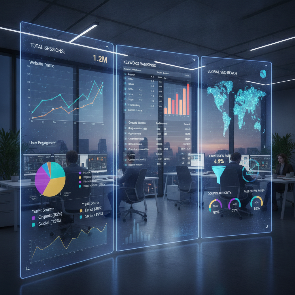 A digital marketing analytics dashboard showing SEO metrics, website traffic graphs, keyword rankings, and search engine optimization data on multiple screens, data visualization with colorful charts, modern office setting